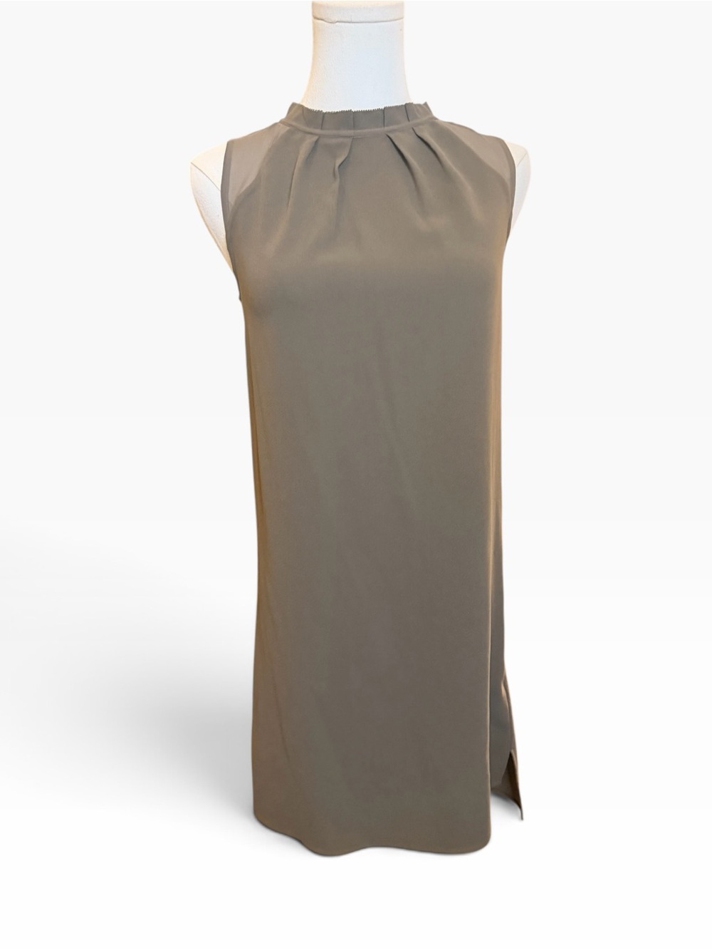 AllSaints Small Taupe Sleeveless Shift Dress Sheer Mesh Pleated Neck